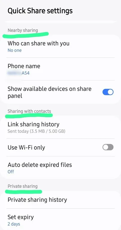 Quick Share UI with various subsections